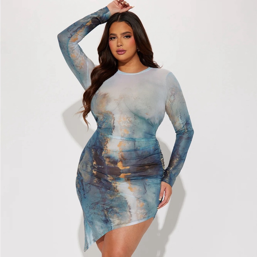 Blue marble ruched sheer dress NBW NWT
